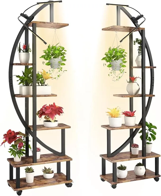 2 Pcs 6 Tier Tall Metal Plant Stand with Growing Light