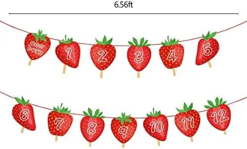 CIEOVO Strawberry 1st Birthday Photo Banner, Fruits Themed First Year Baby Banner for Milestone Tracking, Party Decorations Supplies with 13 Mini Clothespins, Red, Green, Standard Banner