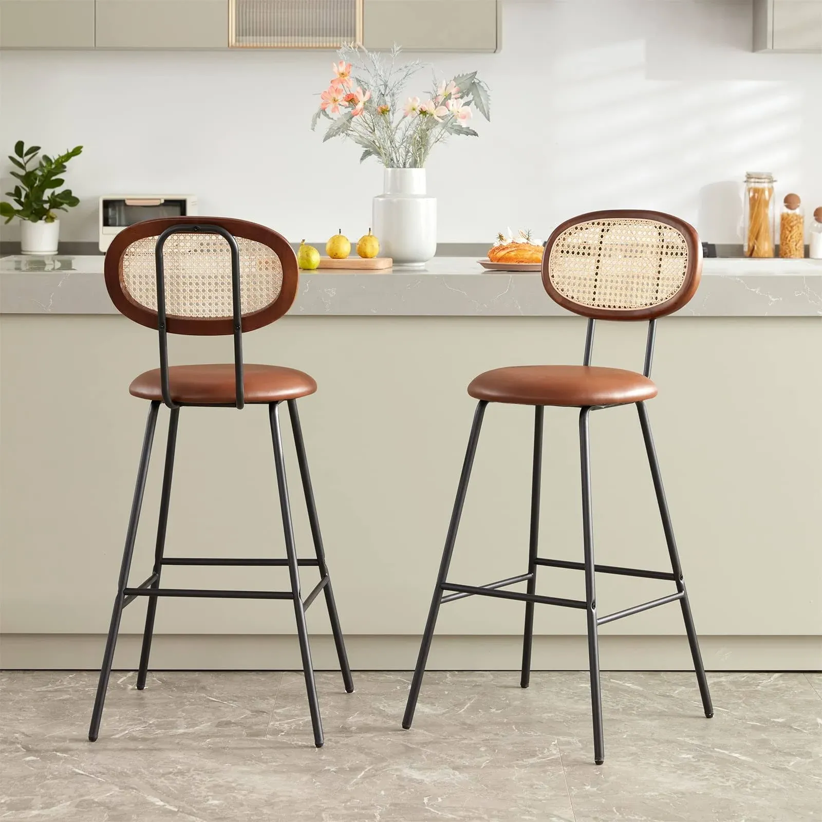 Bar Stools High Chair Bar Stools Set of 2, Modern Industrial Faux Leather Dining Chairs Barstools for Coffee Tall Mid Century Bar Stools with Back