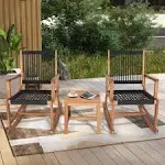 Tangkula 3 Pieces Acacia Wood Rocking Bistro Set, All-Weather Rope Woven Patio Furniture Set with Coffee Table, Outdoor Conversation Set for Front Porch, Deck, Balcony (Black & Natural)