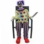 Haunted Hill Farm Motion-Activated Thrashing Clown with a Meat Cleaver by Tekky, Sitting Halloween Animatronic for Indoor or Covered Outdoor Creepy Halloween Decorations, Plug-in or Battery Operated