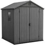 Keter Darwin 6 x 6 Foot Spacious Heavy Duty Outdoor Storage Shed for Organizing Garden Accessories and Tools with Double Doors and High Ceiling, Gray