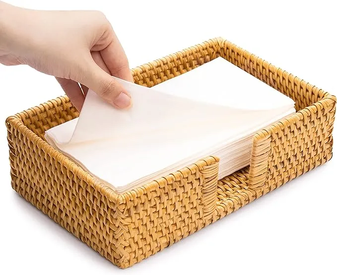 Rattan Guest Towel Holder For Bathroom Towel Caddy Rectangular Napkin Tray Wi...