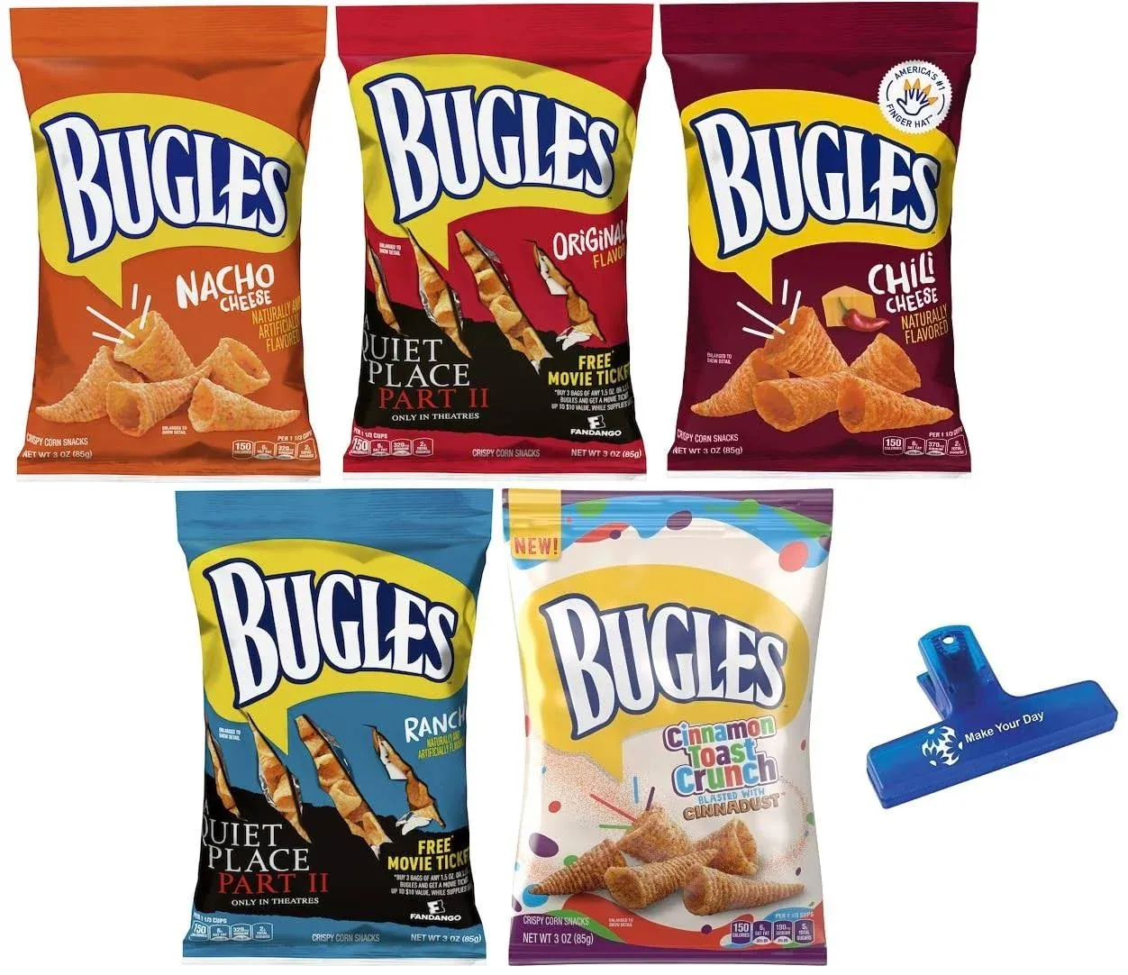 Bugles Crispy Corn Snacks 5 Flavor Variety, 1 of each 3 oz Bag: Nacho Cheese, Cinnamon Toast Crunch, Original, Chili Cheese, Ranch with By the Cup Bag Clip