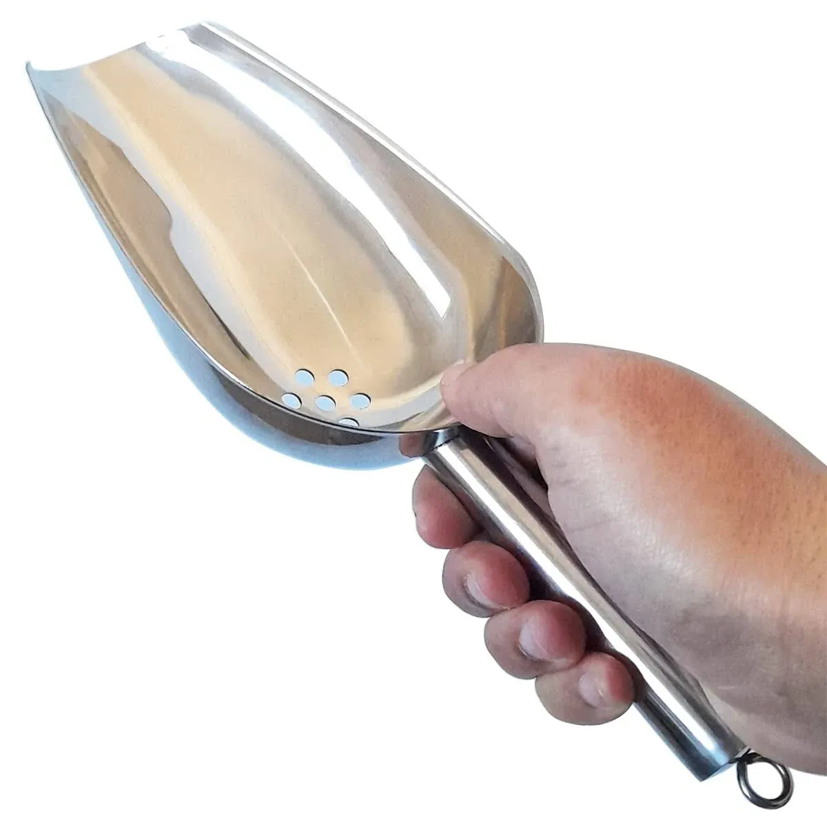 JBscoop Large Ice Scoop with Holes. Stainless Steel Ice Scoop with Drain Holes to Reduce Unwanted Dilution. Heavy Duty and Dishwasher Safe. Six