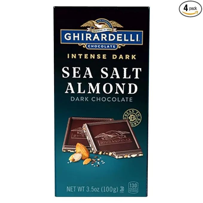 Intense Dark Chocolate Bar, Sea Salt Almond, Valentines Day Chocolate Gifts, 3.5 oz Bar (Pack of 4)