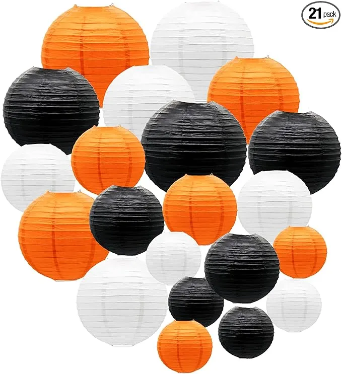 Paper Lanterns Party Decorations, Orange Black White round Hanging Lanterns for 