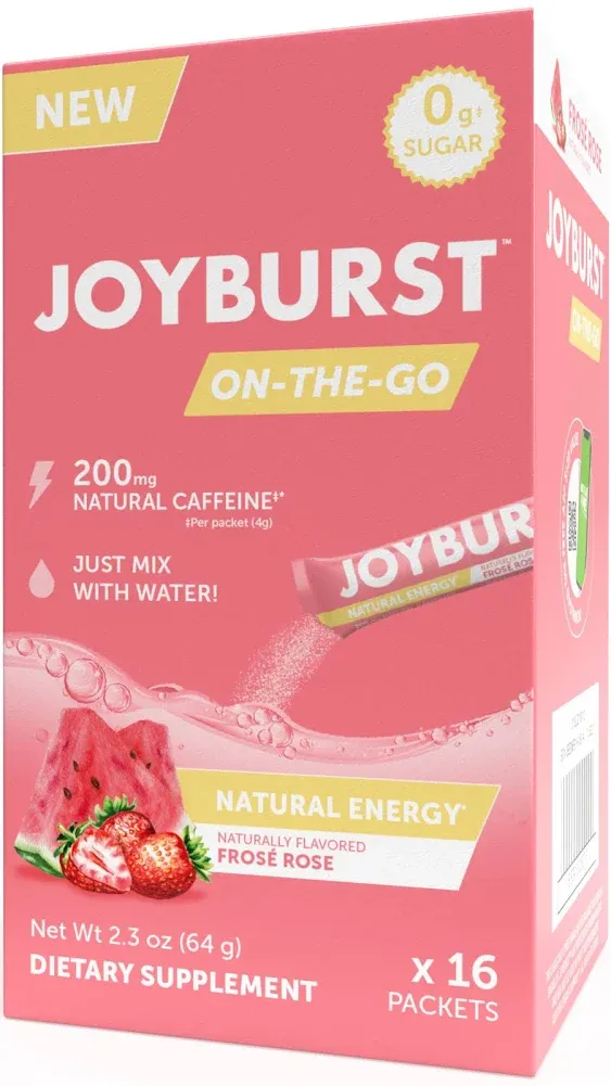 Joyburst Energy Drink Mix, Natural Caffeine (200mg) for Sustained, Jitter Free Energy, On-the-Go Natural Energy Drink Powder, Sugar Free - 16 x 4g Energy Sticks (Frose Rose)