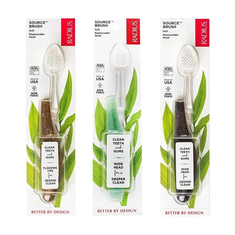 Radius Toothbrush Source Floss Brush BPA Free & ADA Accepted Improve Gum Health & Reduce Gum Issues - Soft - Hemp/Soda Pop Ecogrind/Coconut - Pack of