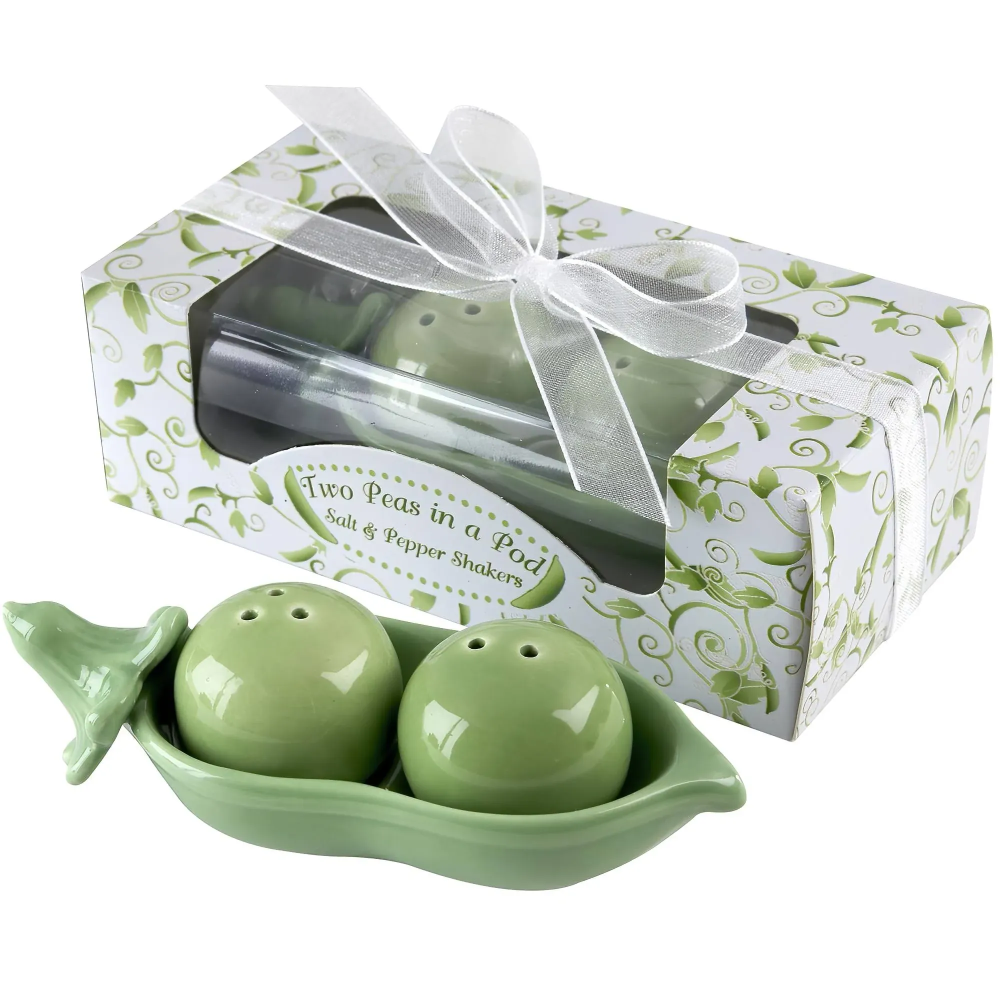 Kate Aspen Two Peas In A Pod Ceramic Salt & Pepper Shakers In Ivy Gift Box Green