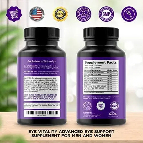 HerbaMe Eye Vitamins Supplement with Lutein, Bilberry, Beta Carotene, L-Taurine, Zinc and Quercetin, 90 Capsules, Supports Vision, Ocular and Macular