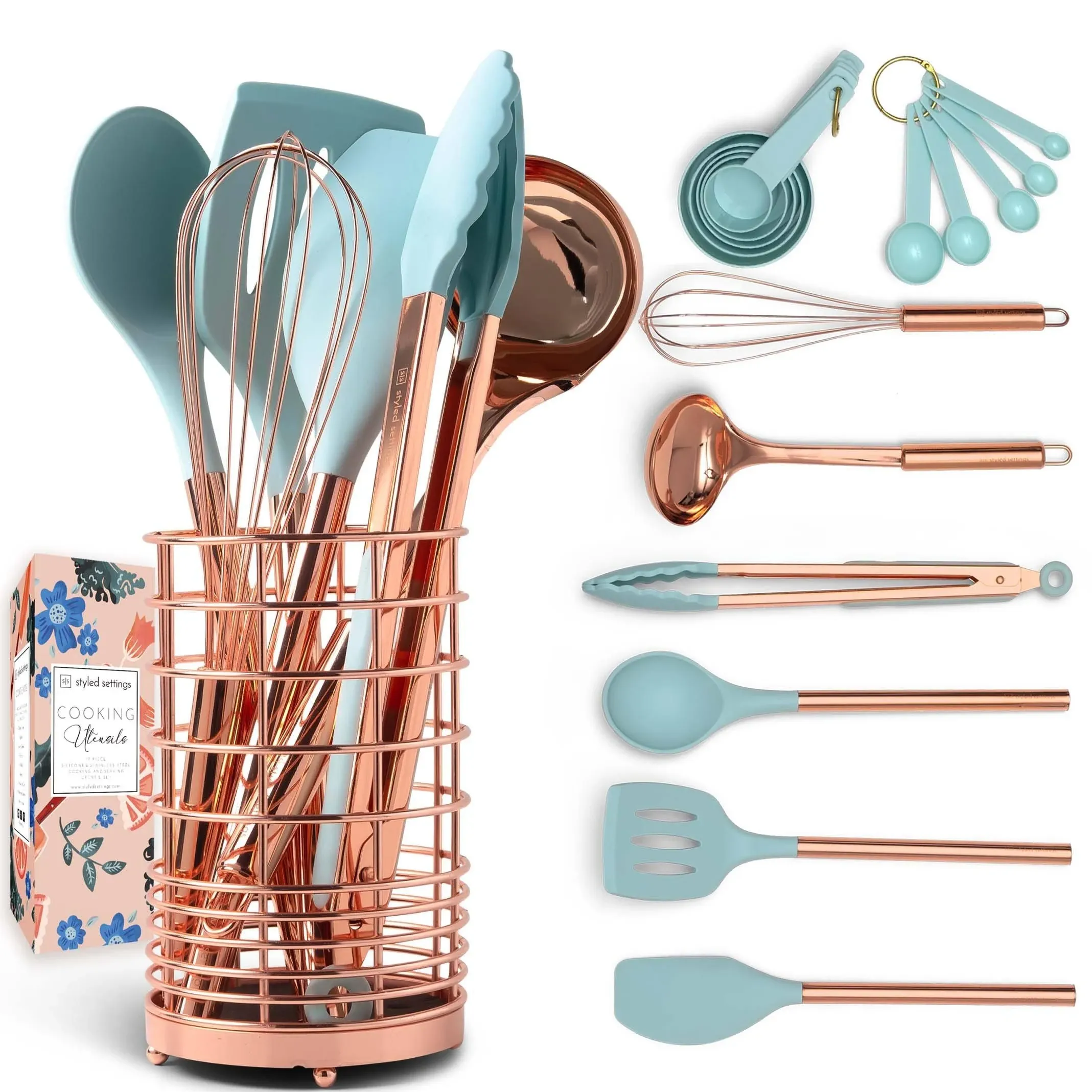 Styled Settings Copper and Teal Kitchen Utensils -17 PC Copper Kitchen Utensils ...