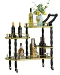 Wood Serving Bar Cart Tea Trolley with 3 Tier Shelves and Rolling Wheels - Brown