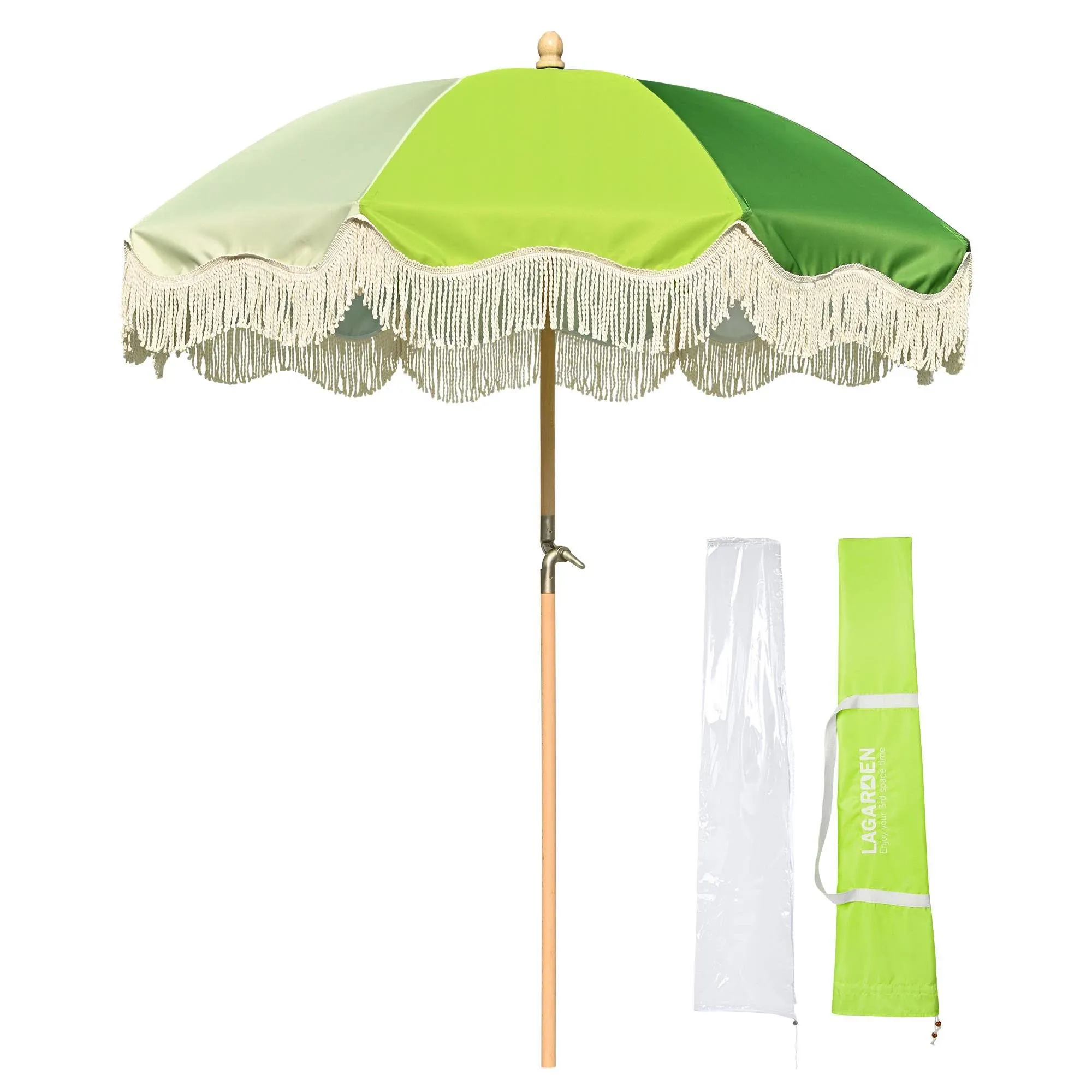 LAGarden 6ft Fringe Patio Umbrella with Tassels & Carry Bag 50 / 60s Vintage Style Umbrella Wood Green, Model: PS6-04