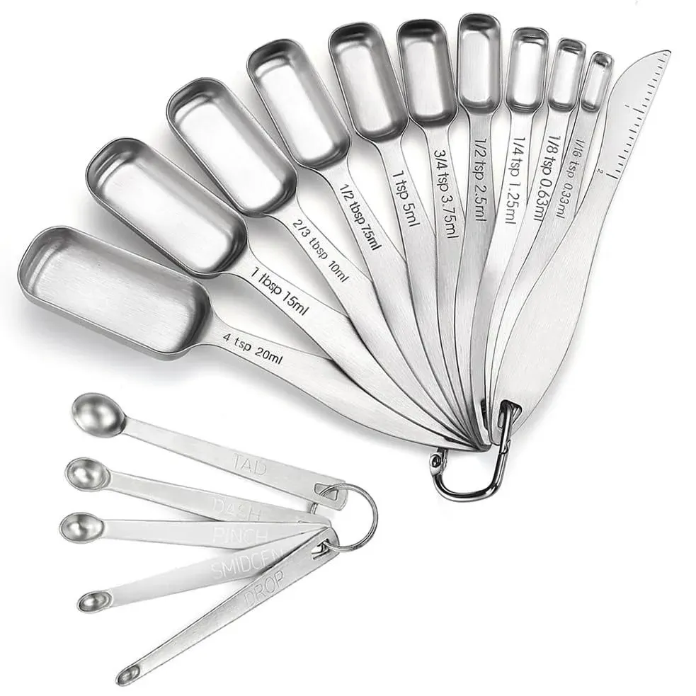 18/8 Stainless Steel Measuring Spoons Set of 16 Piece, Includes 10 Narrow Measuring Spoons, 1 Leveler and 5 Mini Measuring Spoons