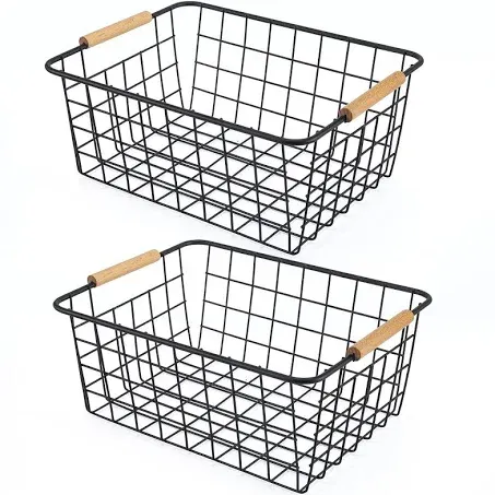 mDesign Metal Wire Organizer Basket with Bamboo Handles (2 Pack)