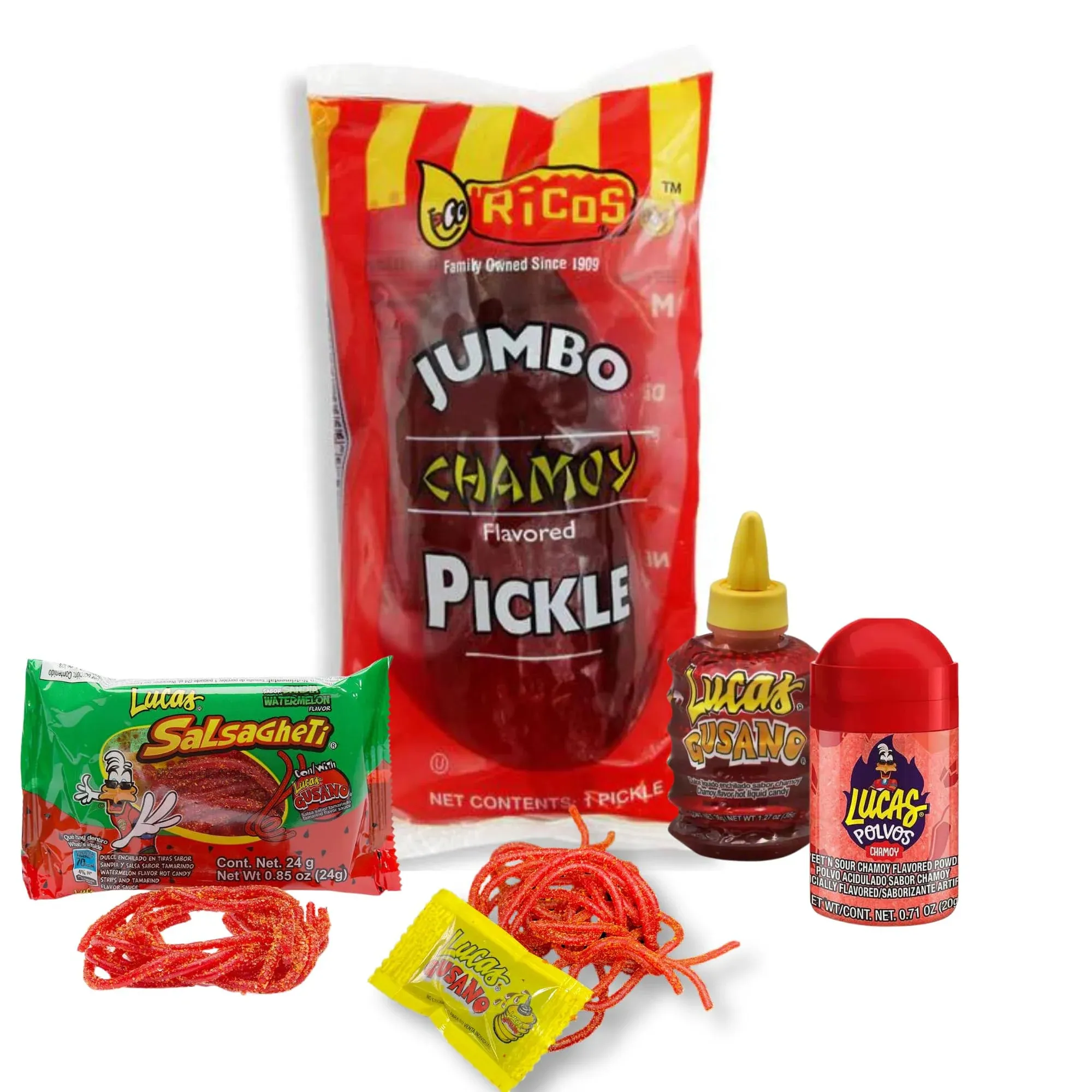 Chamoy Pickle Kit 4 Items - Deluxe Chamoy Pickle Set with Ricos Pickle, Lucas Skwinkles Salsagheti Mexican Candy Strings, Chamoy Powder & Sauce, Lucas Gusano & Lucas Muecas (1 Chamoy Pickle Kit)