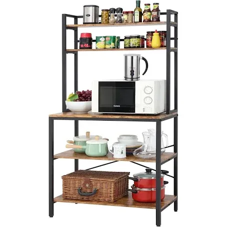 Finnhomy 5-Tier Kitchen Bakers Rack with Storage, Freestanding Microwave Oven Stand with Hutch, Wood Kitchen Rack with Shelves for Living Room/Pantry, 15.75" D x 31.5" W x 67.5" H, Rustic Brown