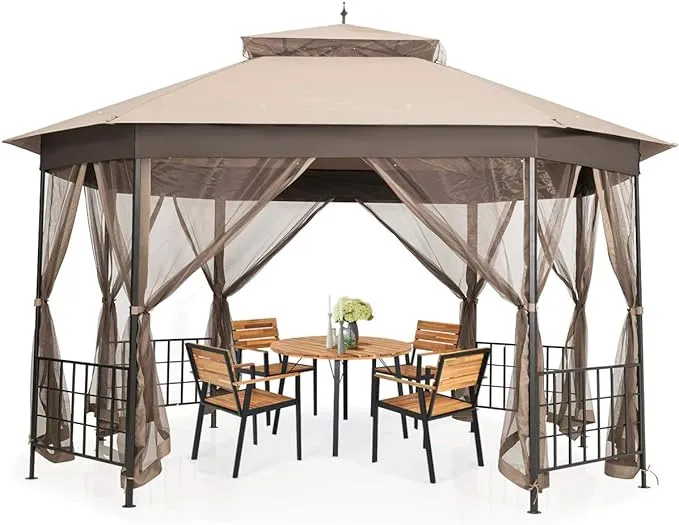 Tangkula 10 x 12 ft Patio Gazebo, Heavy Duty Octagonal Gazebo Canopy W/Netting ...