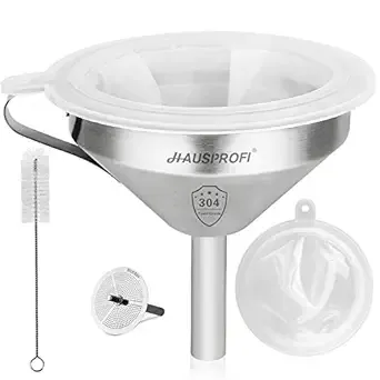 HAUSPROFI Stainless Steel Funnel, 5.1 inch 304 Stainless Steel Kitchen Funnel with 200 Mesh Food Filter Strainer for Transferring Liquids, Oil, Making Jam