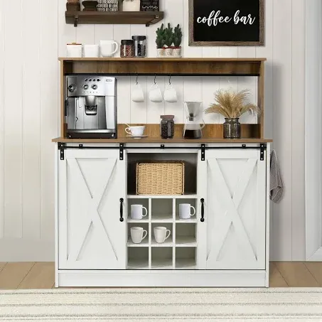 4ever2buy Farmhouse Coffee Bar Cabinet with 6 Hooks, 47'' Kitchen Coffee Bar with Hutch and 9 Wink Racks, White Coffee Bar Table with Sliding Barn Door for Dining Living Room