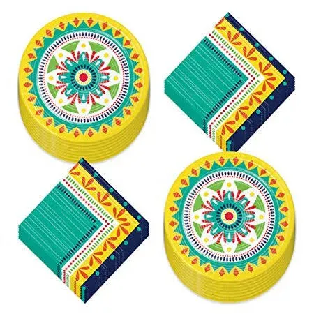 Fiesta Party Supplies - Painted Pottery Paper Dinner Plates, Luncheon Napkins, and Forks (Serves 16)