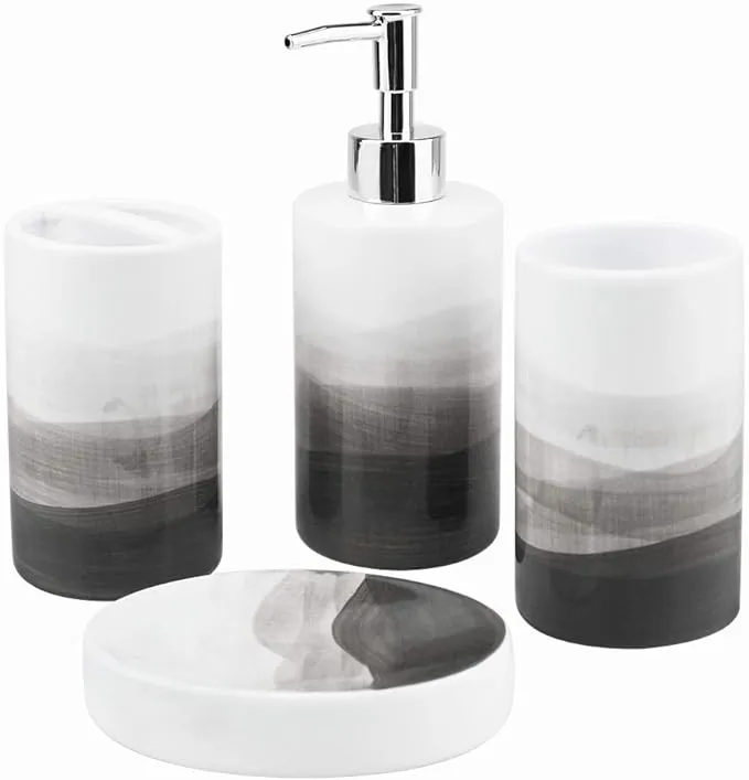 Wodlo- 4 Piece Painted Ceramic Bathroom Accessory Set, Includes Soap Dispenser Pump, Toothbrush Holder, Tumbler, Soap Dish Sanitary, Ideas Home Gift