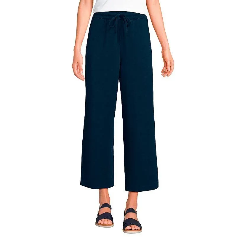 Lands' End Women's Petite Sport Knit Elastic Waist Wide Leg Crop Pants - Small - Radiant Navy