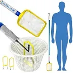 The Skimmie Small Pool Skimmer Net with 3-Section Pole & Stainless Steel Hook, Two Skimmer Basket Handles, Fine Mesh Net & Skimmie Dip - Hands-Free