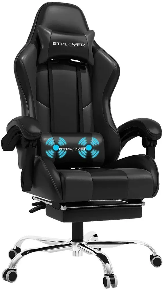 GTPLAYER Silla para videojuegos, silla de computadora con reposapiés y soporte lumbar, silla de juego ajustable en altura con asiento giratorio de 360° y reposacabezas y para oficina o juegos (cuero