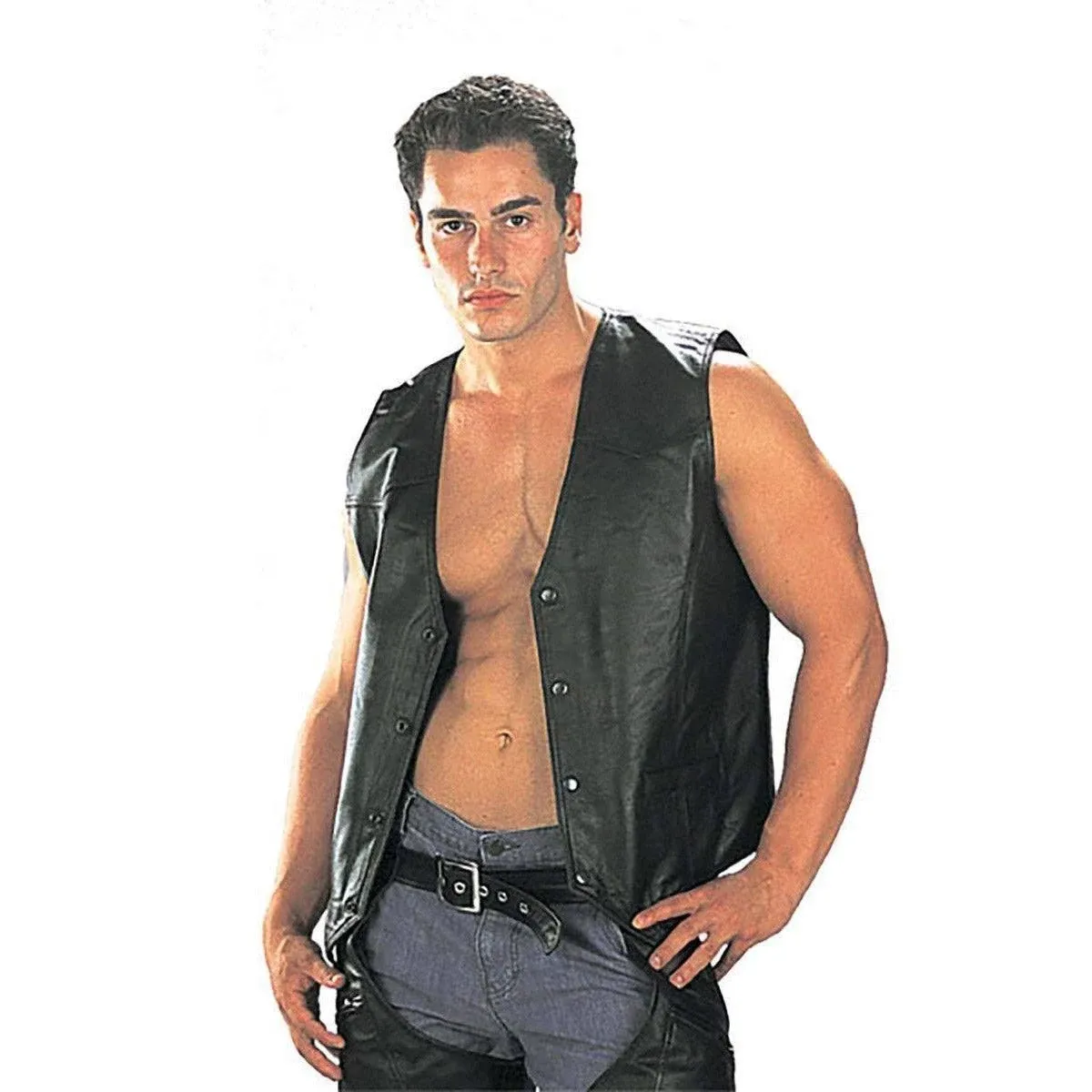 USA Leather 201 Men's Black 'Classy' Leather Vest with Snap Button Closure Large