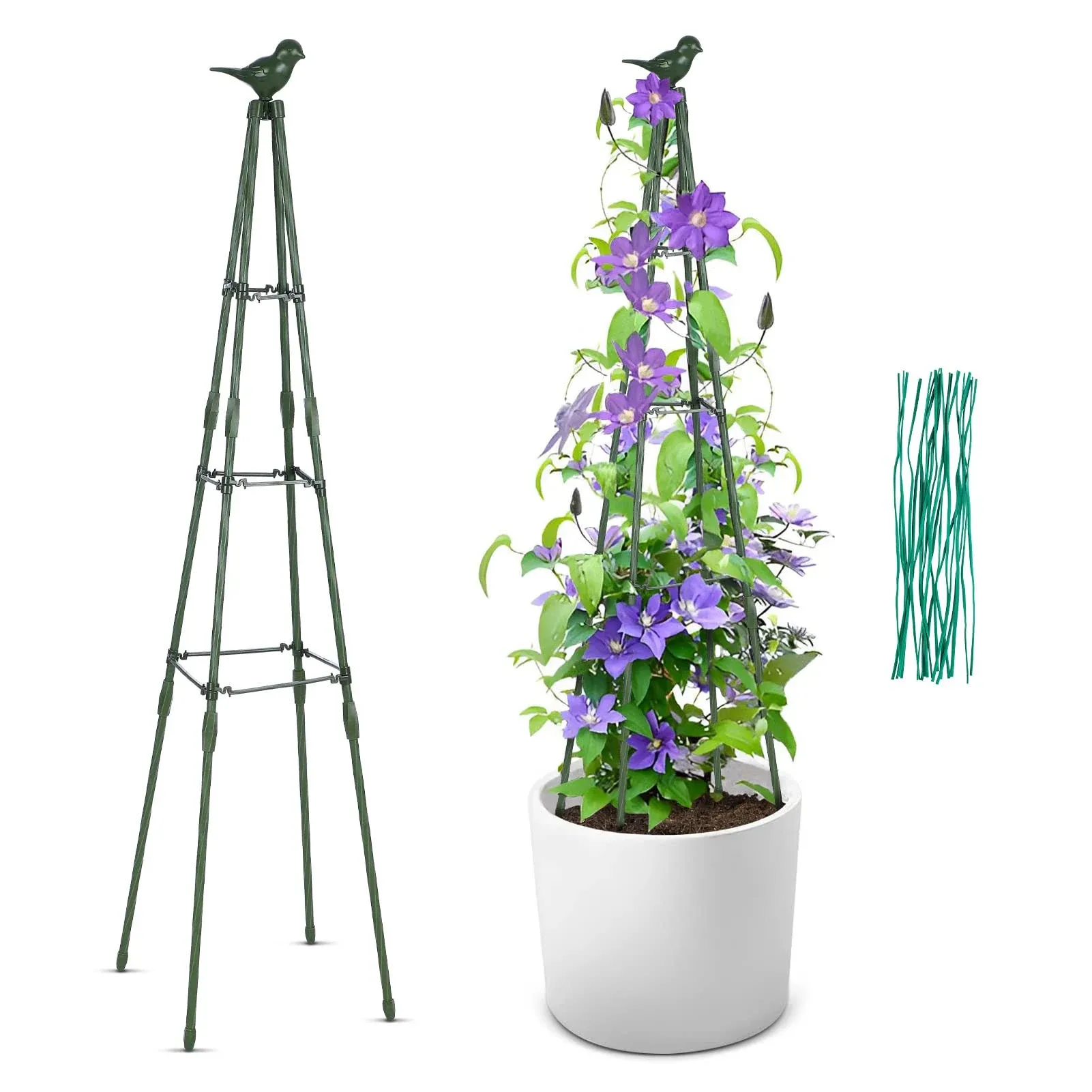 GROWNEER 47 Inches Garden Obelisk Trellis for Climbing Plants Outdoor, Plant Trellis for Potted Plants Indoor, 3-Tier Plant Support with 20 Pcs Cable Ties, Vines & Flowers, Tomato Cage Tower, Green