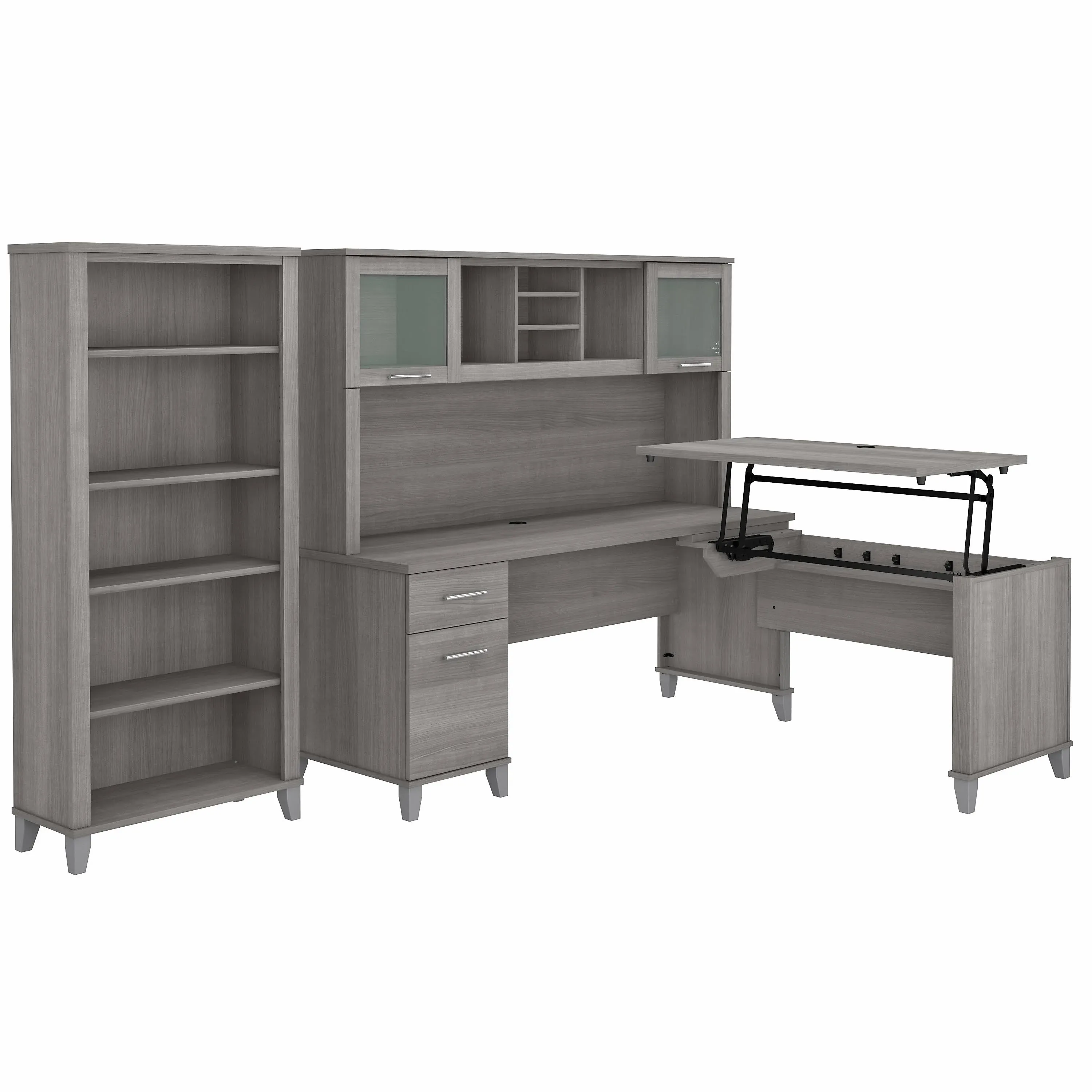 Somerset 72W Sit to Stand L-Desk with Hutch and Bookcase in Ash Gray