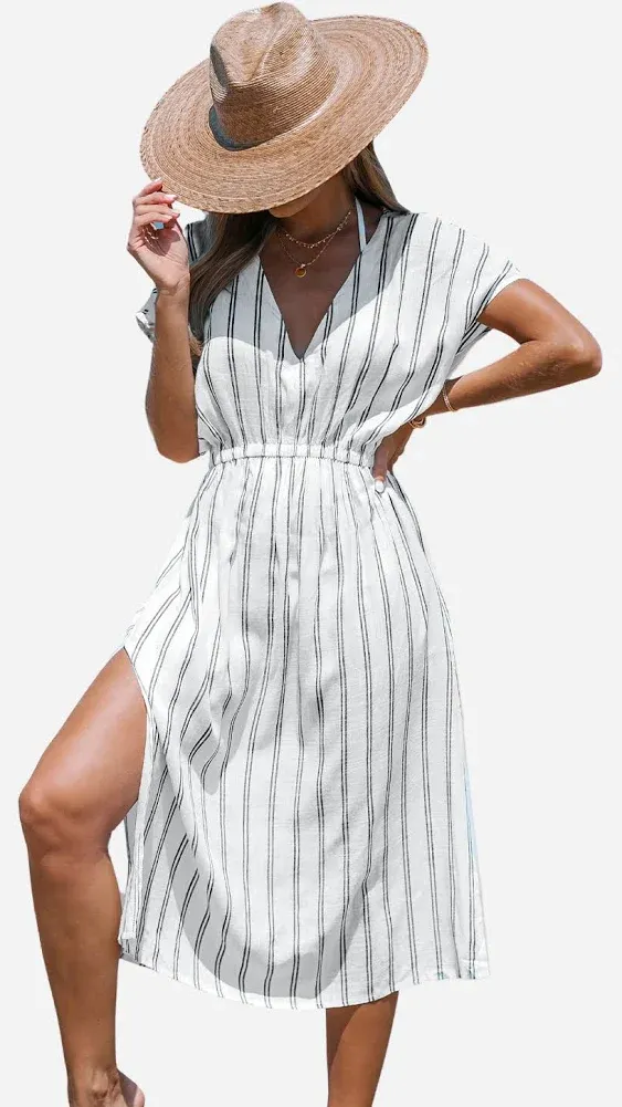 Cupshe Striped Midi Cover-Up Dress - White - S