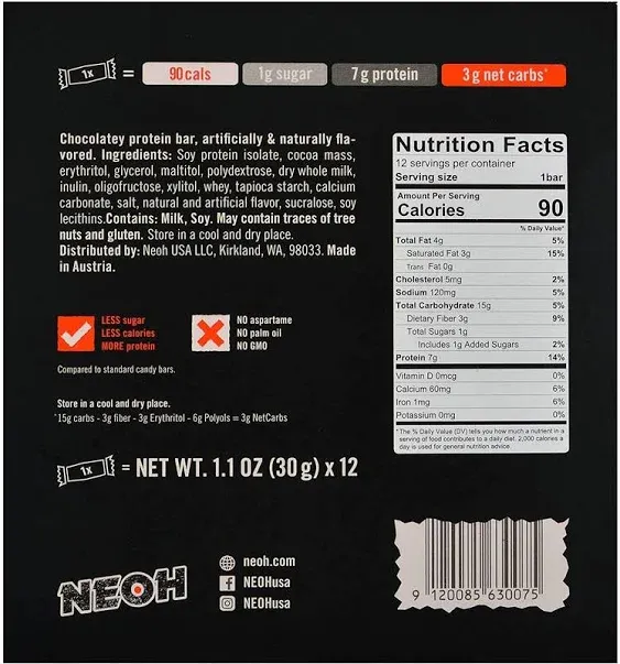 Neoh Keto Low Carb Protein Candy Bar, Chocolate Crunch, 12 Bars (30g) x4/15/24