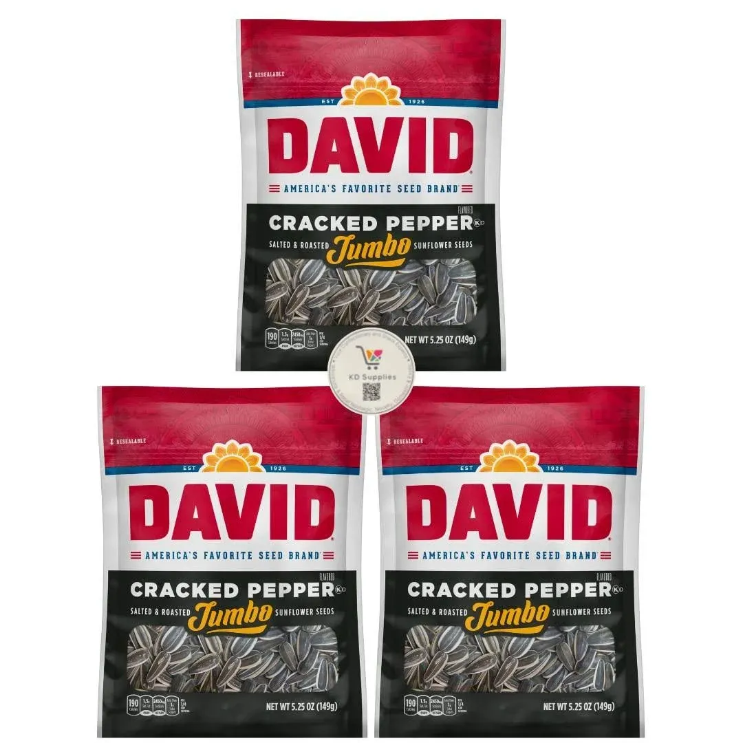 David's Salted & Roasted Sunflower Seeds, (Pack of 3) 5.25 oz Bags (Jumbo Cracked Pepper)