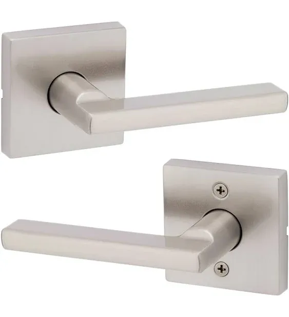 Kwikset Halifax Square Satin Brass Keyed Entry Door Lever Featuring SmartKey Security