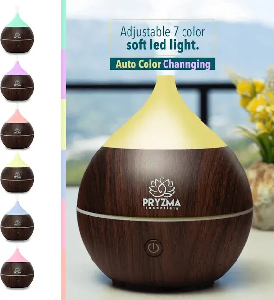 Pryzma Essentials All in One Bluetooth Speaker Aromatherapy Smart Essential Oil Diffuser, 7 LED Therapy Night Light, 200ml Cool Mist Ultrasonic Humidifier, Wood Grain and Waterless Auto Shut-off