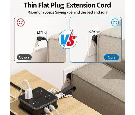 nton Power Strip 8 Outlets & 3 USB Ports Multi Charging 5 ft Extension Cord, Size ...