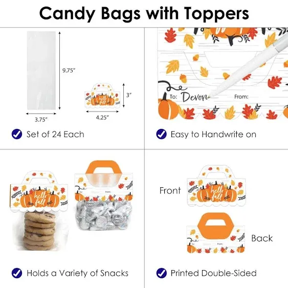 Fall Pumpkin - DIY Halloween or Thanksgiving Party Clear Goodie Favor Bag Labels - Candy Bags with Toppers - Set of 24