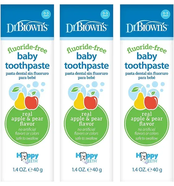 Dr. Brown's Fluoride-Free Baby Toothpaste, Infant & Toddler Oral Care, Apple Pear, 3-Pack, 1.4oz/40g, 0-3 years