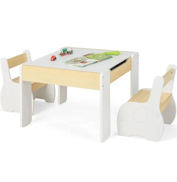 INFANS 3 in 1 Kids Table and Chair Set, Wood Multi Activity Table with Detachable Blackboard for Toddler Drawing