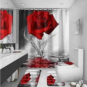 XVWJ 4PCS Red Rose Bathroom Shower Curtain Sets Women&#039;s Day Day Gifts for Her...