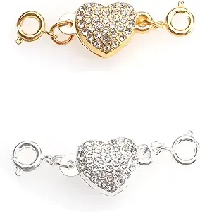  2 Pcs Locking Magnet Clasps Heart Shape Rhinestone Chain Silver and Gold