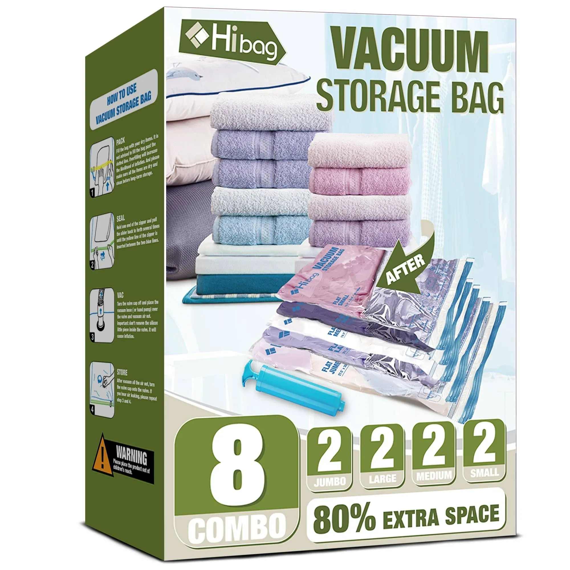 Hibag Vacuum Storage Bags, Space Saver Vacuum Seal Storage Bags 8-Pack Sealer ...