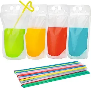 200PCS Drink Pouches for Adults with Straws, Heavy Duty Hand-held Translucent Reclosable Plastic Smoothie Drink Pouches with 200 Straws