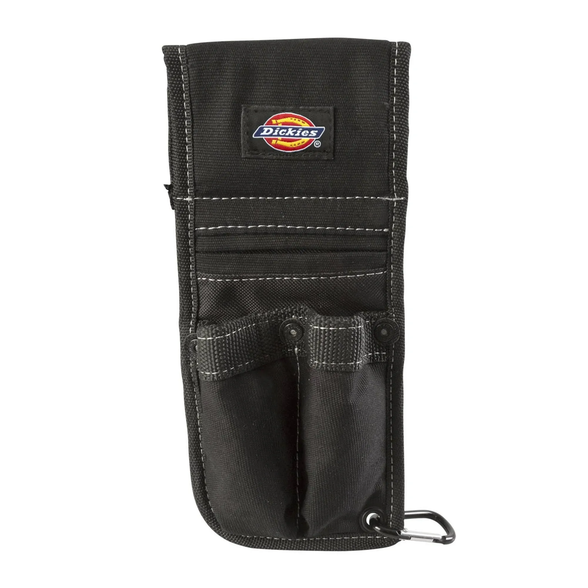 Dickies Box Cutter Sheath for Tool Belt, Durable Canvas with PVC Cut-Resistant Sheath Lining, 3 Pockets, Quick-Clip Storage Carabiner, 2-inch Belt Loop, Black