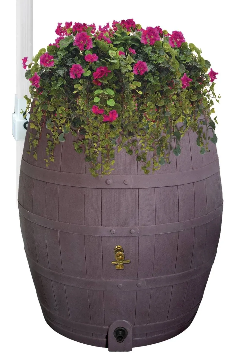 Emsco Group 2244-1 Rescue 50-Gallon Black Includes Planter, Water Diverter, Outlet Hose – Flatback Design 50 Gallon Whiskey rain Barrel, Gray with Painted Bands