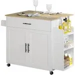 Ironck Rolling Kitchen Island Cart with Drop-Leaf Countertop, Thicker Rubberwood Top, 3 Drawers, Barn Door Style Cabine, Spice Rack, On Wheels, for