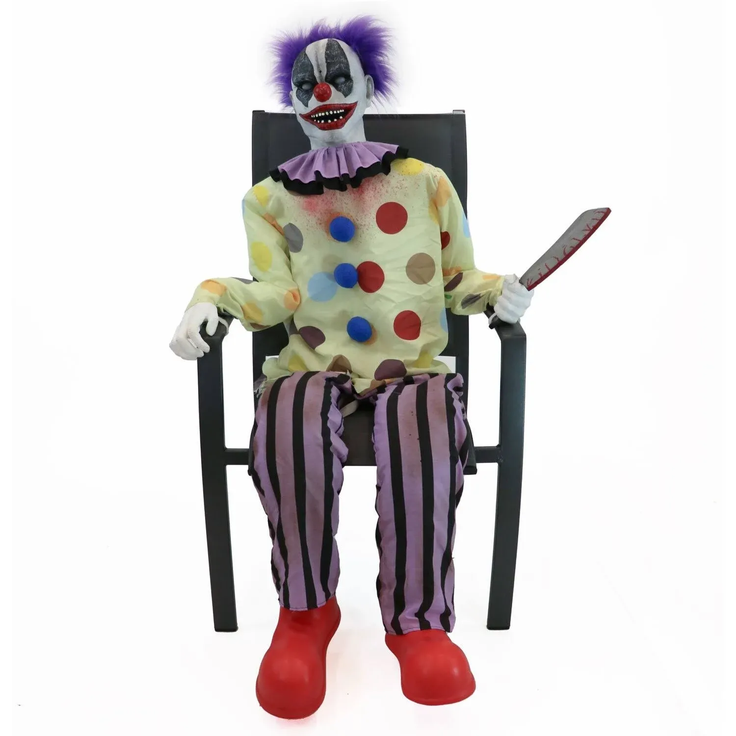 Haunted Hill Farm Motion-Activated Thrashing Clown with a Meat Cleaver by Tekky, Sitting Halloween Animatronic for Indoor or Covered Outdoor Creepy Halloween Decorations, Plug-in or Battery Operated